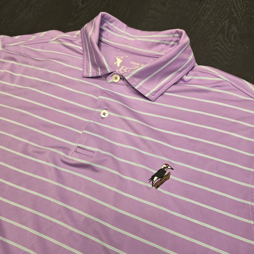 F&G Tech Mens Purple Striped Polo Shirt Forest Creek Golf Club Large Made in USA - Picture 1 of 6